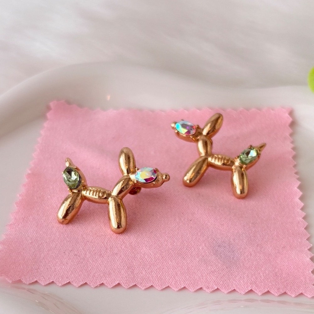 Gold Tone Iridescent & Green Crystal Embellished Balloon Dog Stud Earrings